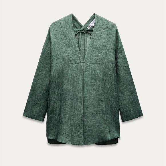 Zara Green V-Neck 100% Ramie Top - Picture 1 of 10